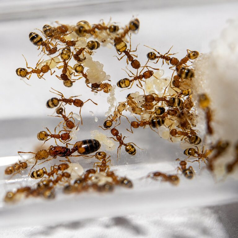 Monomorium pharaonis robotnica — poniżej 2 mm, gładkie błyszczące ciało mrówka karłowata pantropikalna i kosmopolityczna, żywa kolonia w ANTonTOP