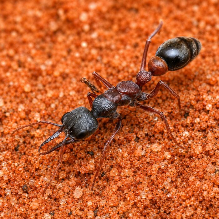 Myrmecia varians worker — long jagged mandibles and prominent compound eyes bulldog ant from Australia, live colony at ANTonTOP