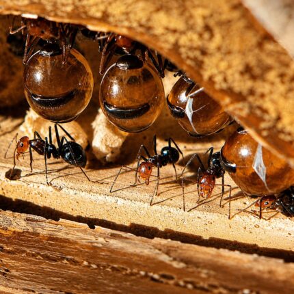 Myrmecocystus mendax major worker — workers with enlarged amber-coloured gasters honeypot ant from the North American deserts, live colony at ANTonTOP