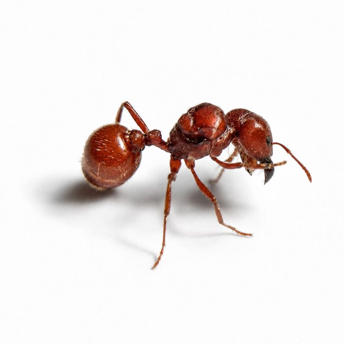Pogonomyrmex badius duża robotnica — rudawe ciało z brodatym podbródkiem i mocnymi żuchwami mrówka żniwiarka z pustyń Ameryki, żywa kolonia w ANTonTOP