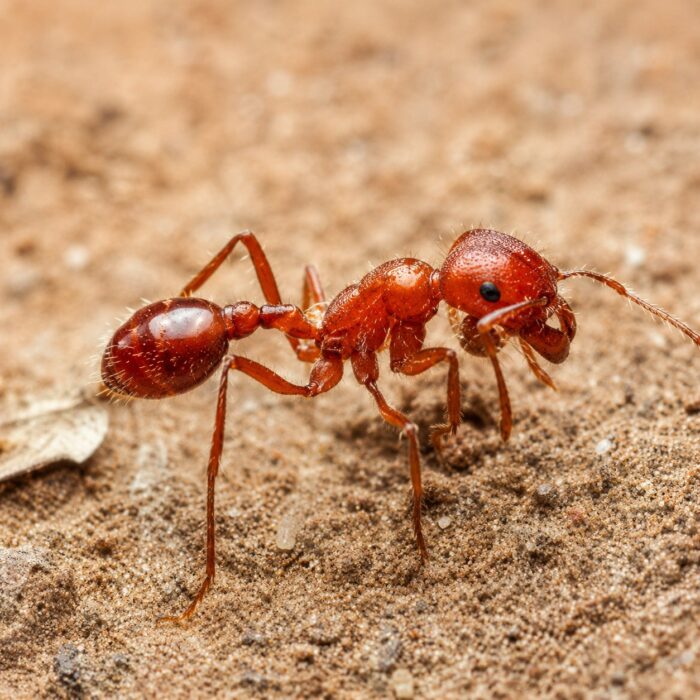 Pogonomyrmex bicolor duża robotnica — rudawe ciało z brodatym podbródkiem i mocnymi żuchwami mrówka żniwiarka z pustyń Ameryki, żywa kolonia w ANTonTOP