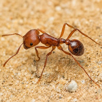 Pogonomyrmex subnitidus duża robotnica — rudawe ciało z brodatym podbródkiem i mocnymi żuchwami mrówka żniwiarka z pustyń Ameryki, żywa kolonia w ANTonTOP