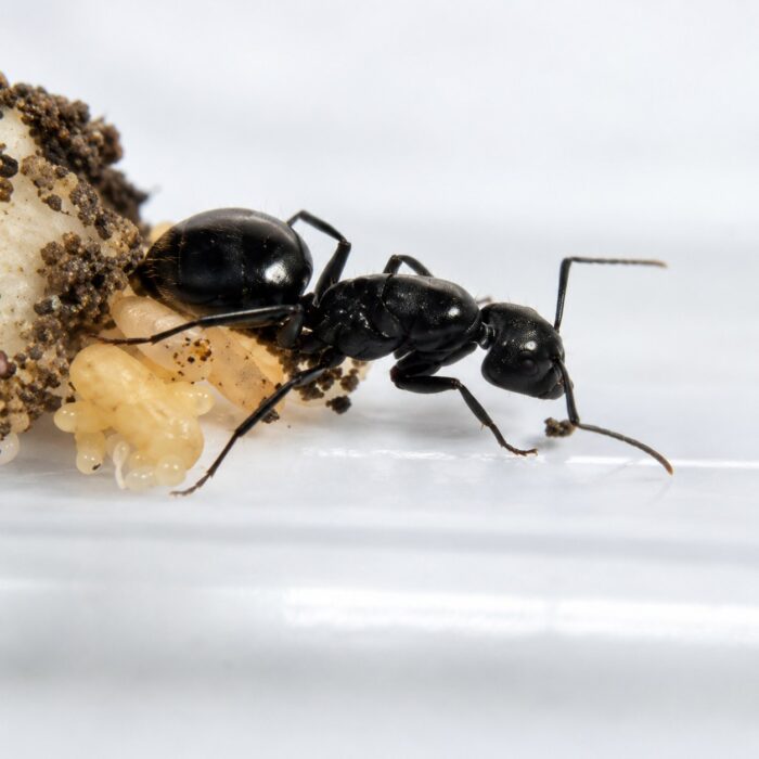 Camponotus laevigatus major worker — polished glossy black smooth black American carpenter ant from western North America, live colony at ANTonTOP
