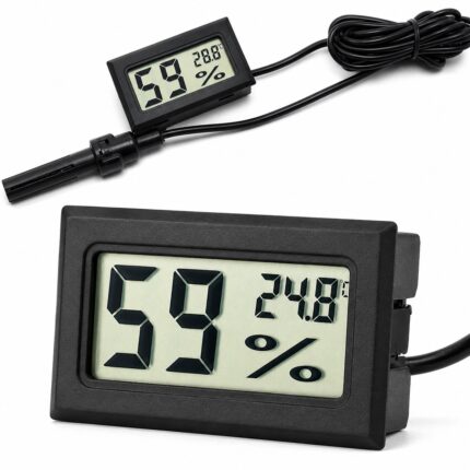 Digital thermometer hygrometer with external probe on long cable, black housing — measures inside formicarium — ANTonTOP