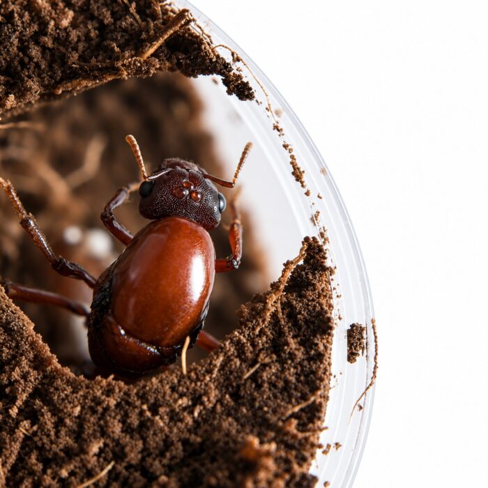 Carebara castanea workers in formicarium — marauder ant kept by hobbyists, tiny workers tending a giant queen